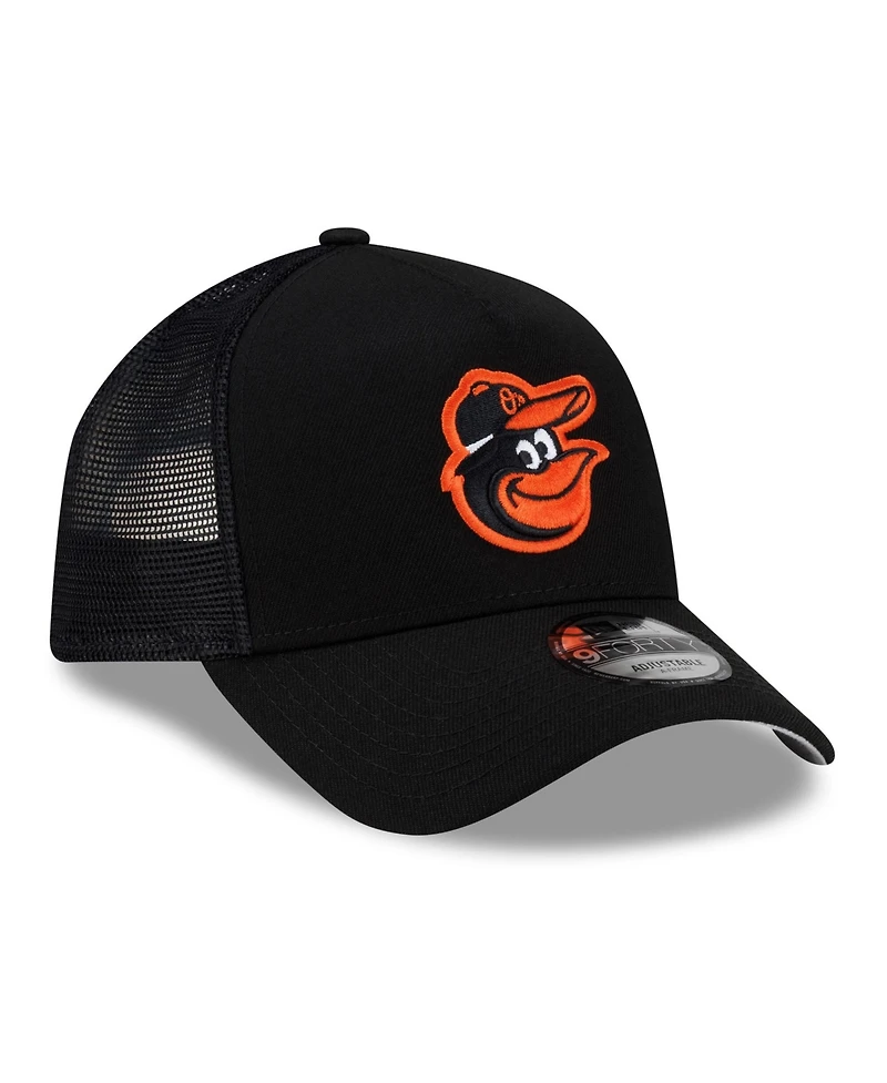 New Era Men's Black Baltimore Orioles Side Script 9FORTY A-Frame Trucker Adjustable Hat