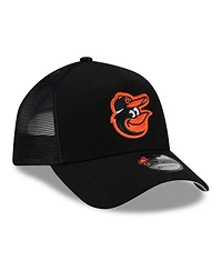 New Era Men's Black Baltimore Orioles Side Script 9FORTY A-Frame Trucker Adjustable Hat