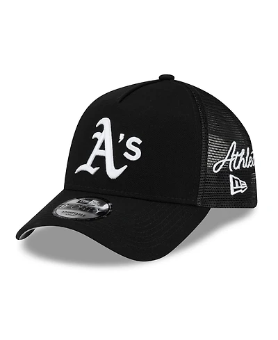 New Era Men's Black Athletics Side Script 9FORTY A-Frame Trucker Adjustable Hat