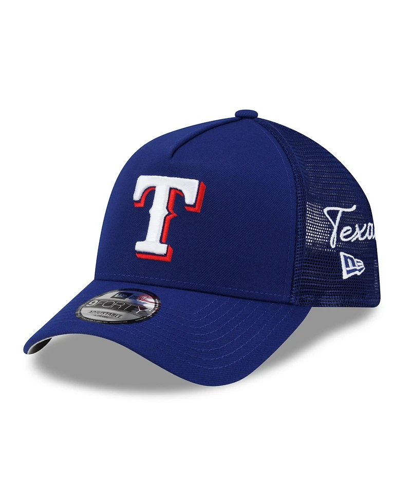 New Era Men's Royal Texas Rangers Side Script 9FORTY A-Frame Trucker Adjustable Hat