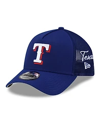 New Era Men's Royal Texas Rangers Side Script 9FORTY A-Frame Trucker Adjustable Hat