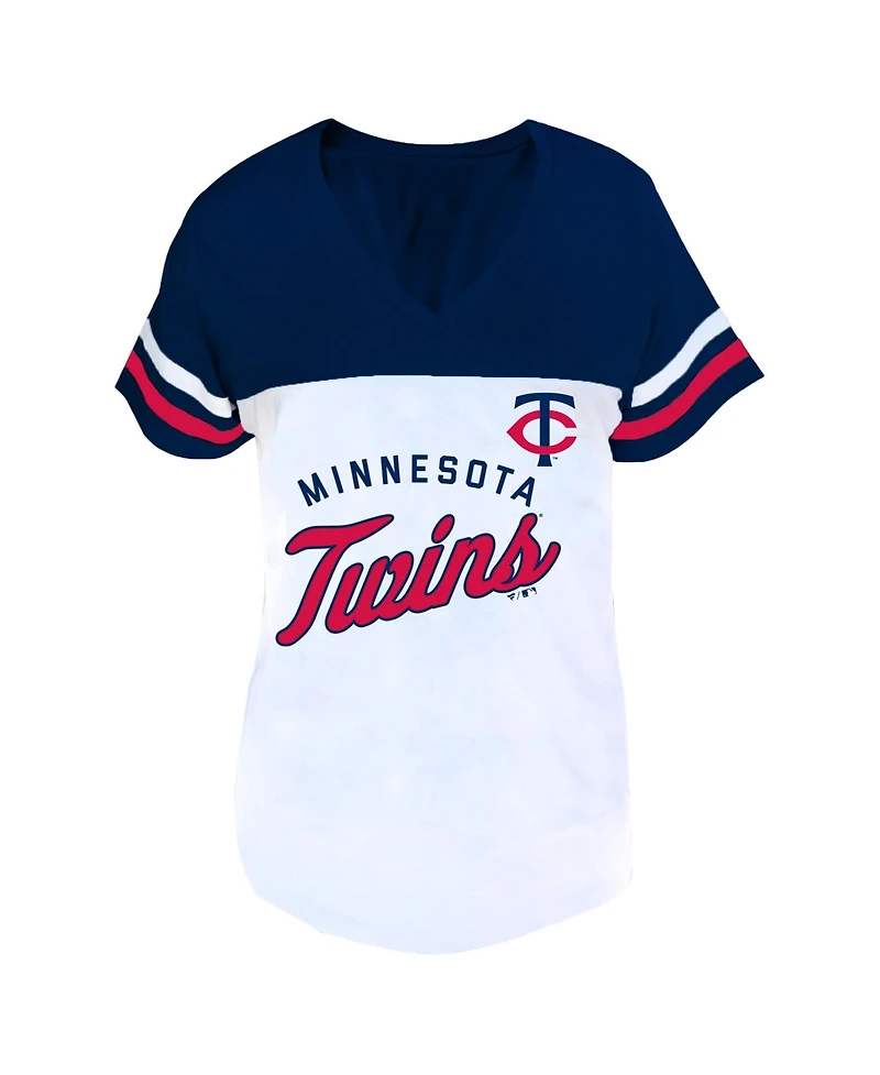 Fanatics Women's Profile White, Navy Minnesota Twins Plus Two-Stripe V-Neck T-Shirt