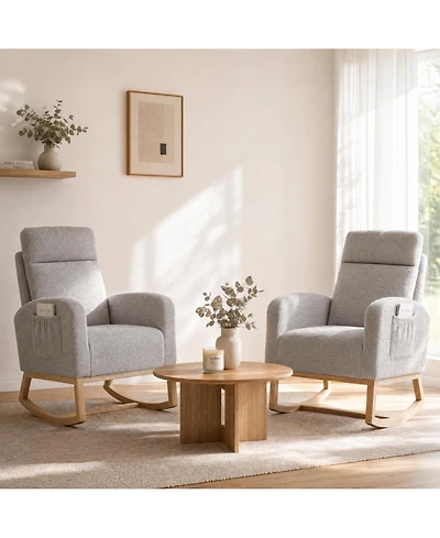 homfan Set of 2 Rocking Chairs, Sherpa Upholstered Glider Recliner with High Back and Rubber Wood Legs for Dining Room or Lounge