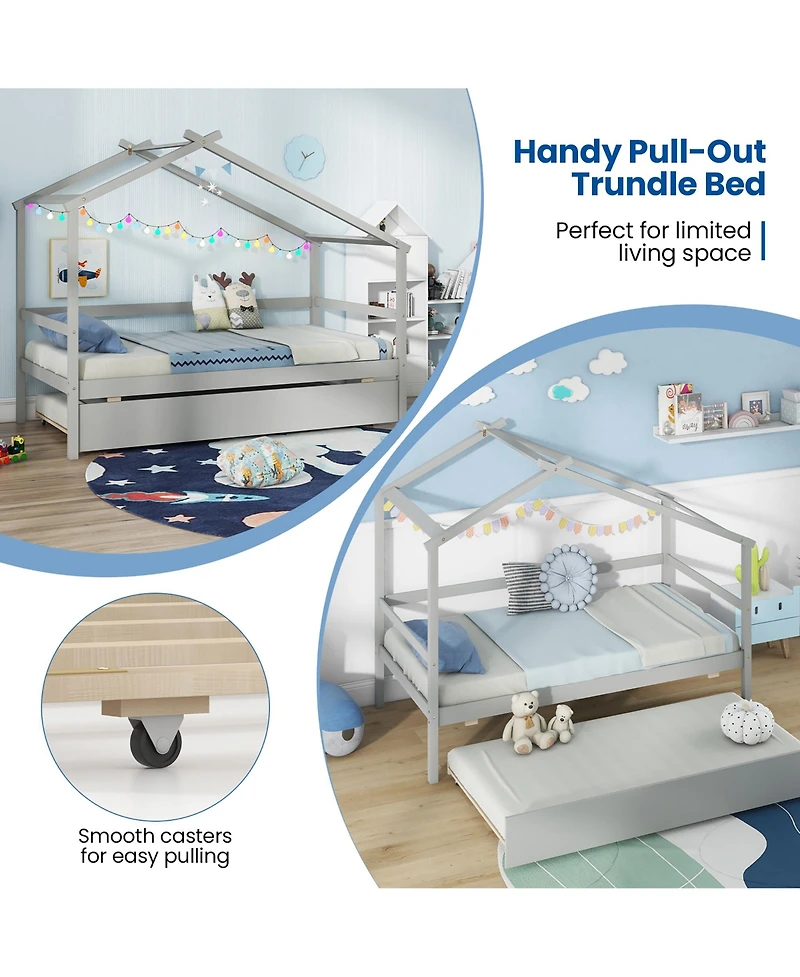 Gymax Twin House Bed With Trundle Roof and Fence Rails Wooden Platform Frame