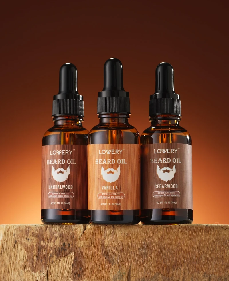 Lovery Nourishing and Moisturizing Beard Oil in Vanilla, Cedarwood and Sandalwood Scent - 3pc Mens Care Gift Set
