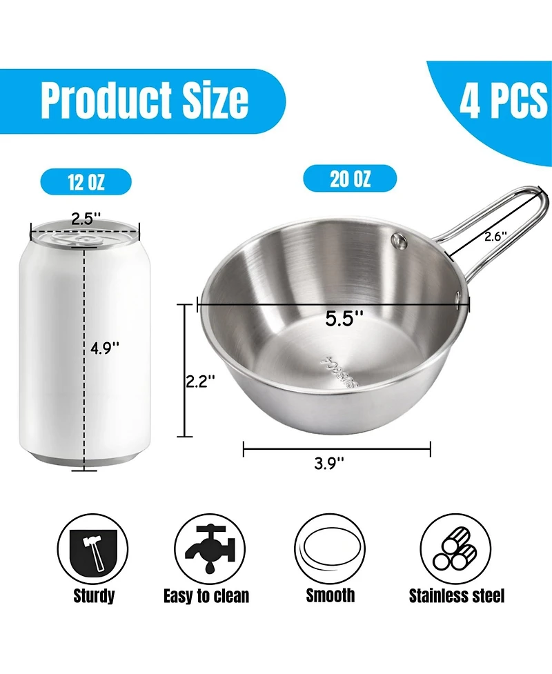 Piscifun 4 Pack 20 Oz Stainless Steel Makgeolli Bowl With Handle Camping Outdoor Cup