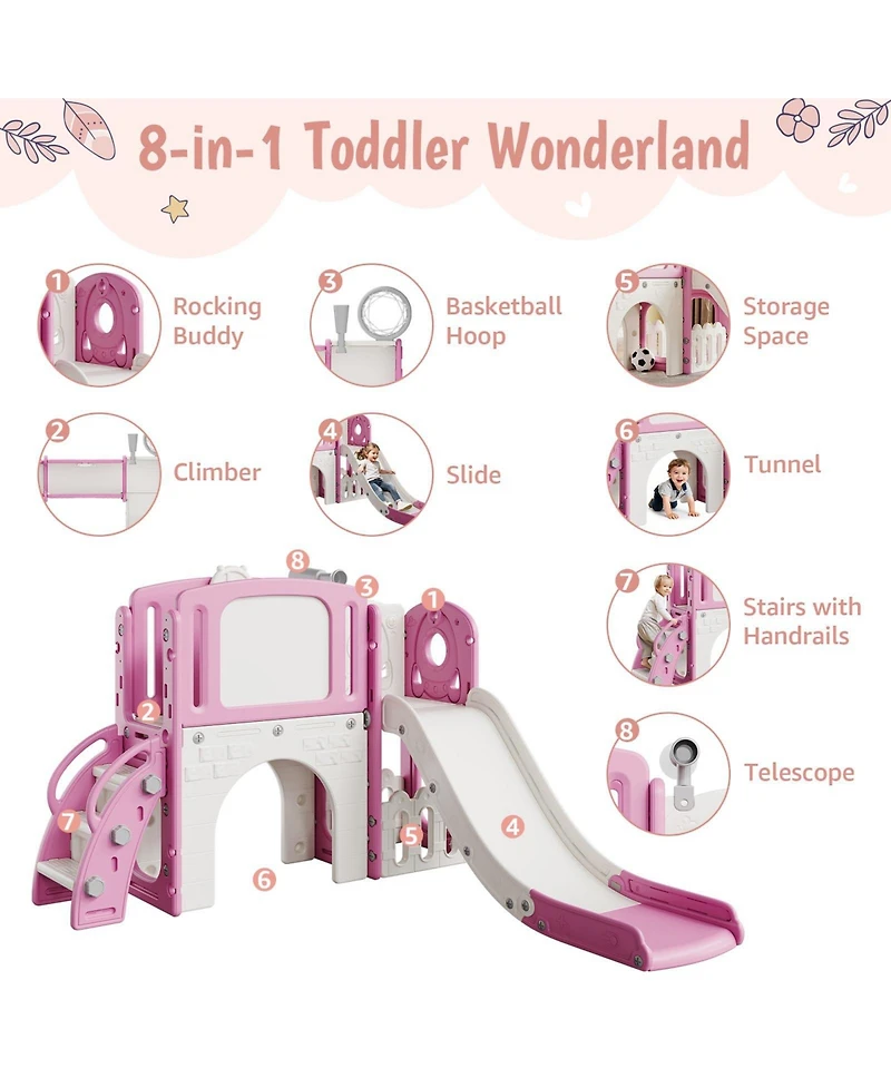 homfan 8 in 1 Toddler Slide, Pink Indoor Outdoor Playground Playset with Climber and Basketball Hoop for Kids Ages 1 to 3