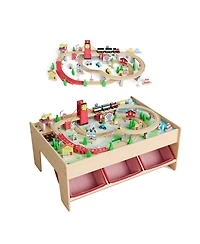 homfan Multi-Level Tracks 92-Piece Wooden Train Activity Table with Storage