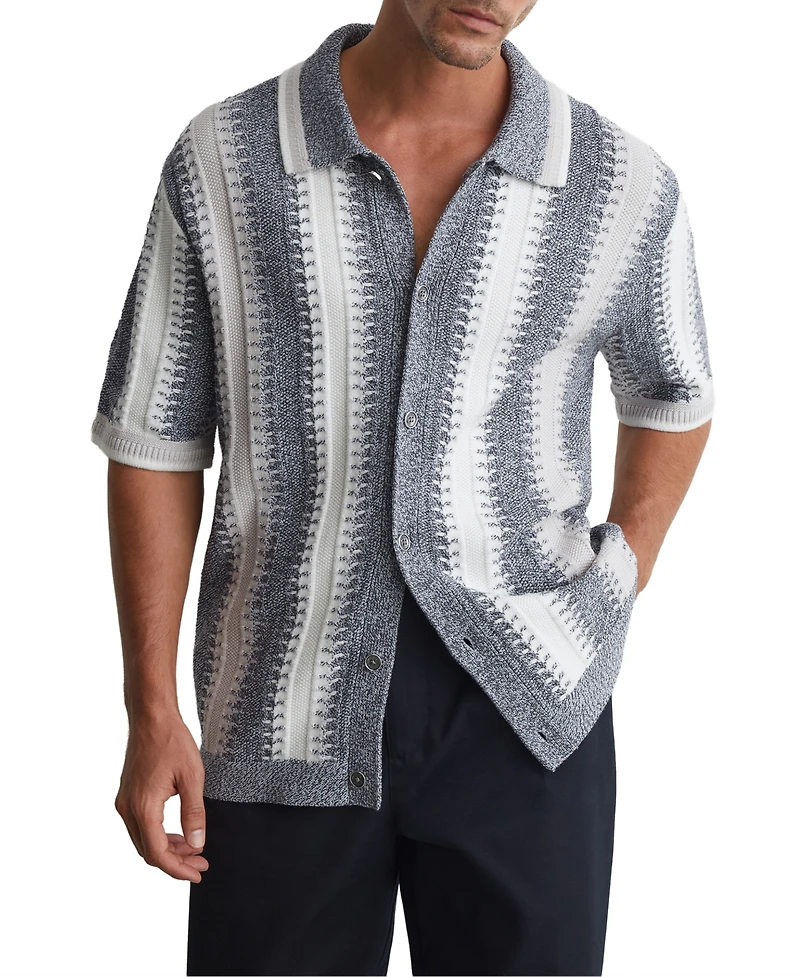 Reiss Men's Dale Stitch-Detail Stripe Knitted Shirt with Cotton
