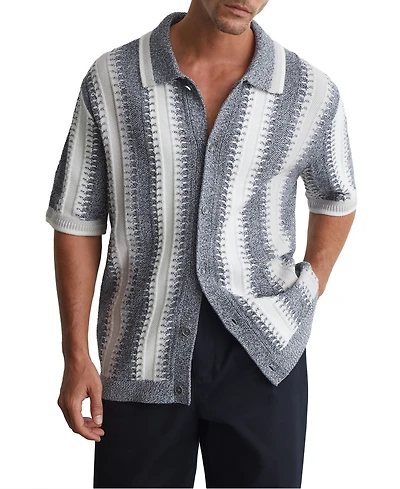 Reiss Men's Dale Stitch-Detail Stripe Knitted Shirt with Cotton