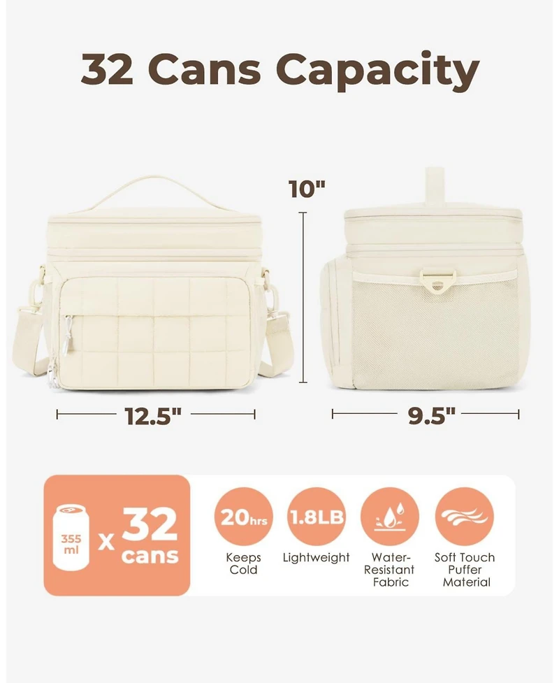 Piscifun 32 Can Puffer Soft Cooler Bag Double Deck Collapsible Insulated Lunch Tote for Outdoor Travel Work