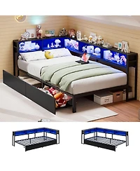 homfan Twin Daybed Frame with Corner Design – Storage Shelf and Drawers, Bookcase Headboard, Charging Station Led Light, Metal Platform Sofa Bed