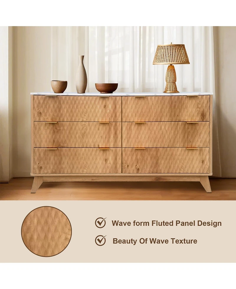 homfan Modern 6 Drawer Fluted Wood Dresser Faux Marble Top Handles Spacious Bedroom Storage Chest for Clothes Organization