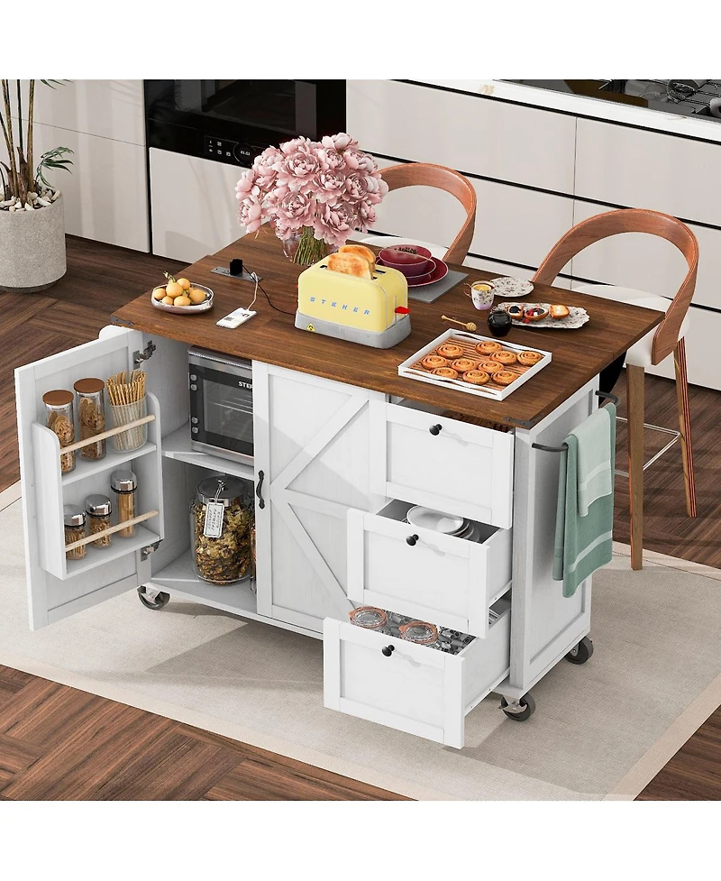 Streamdale Furniture 54.5'' Farmhouse Kitchen Island with Power Outlet Drop Leaf and Storage