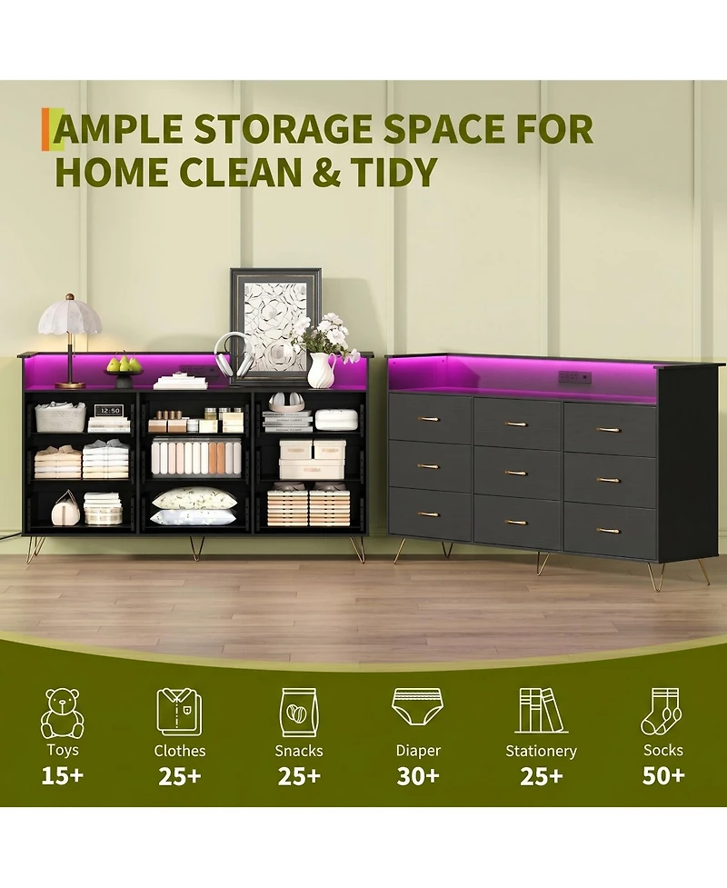 homfan Modern 9-Drawer Dresser with Rgb Led Lights, Wooden Storage Cabinet 3 Outlets and 2 Usb Ports, Spacious Chest for Bedroom