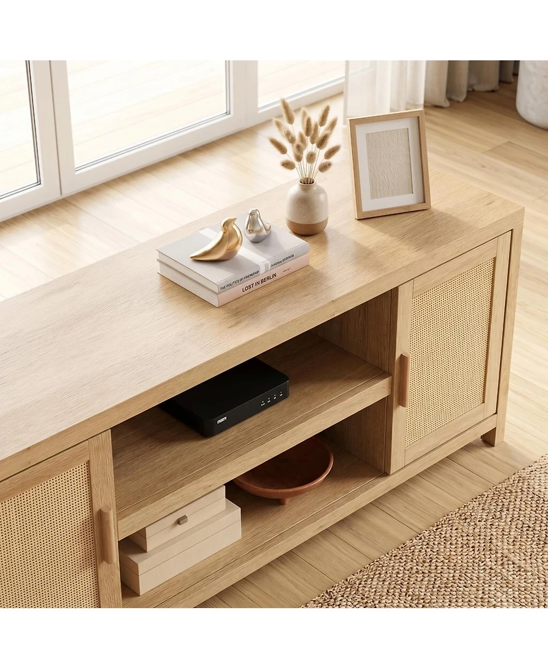homfan Rattan Tv Stand, 66 Inch Boho Entertainment Center with Cabinets and Open Shelves, Wood Media Console with Adjustable Shelves