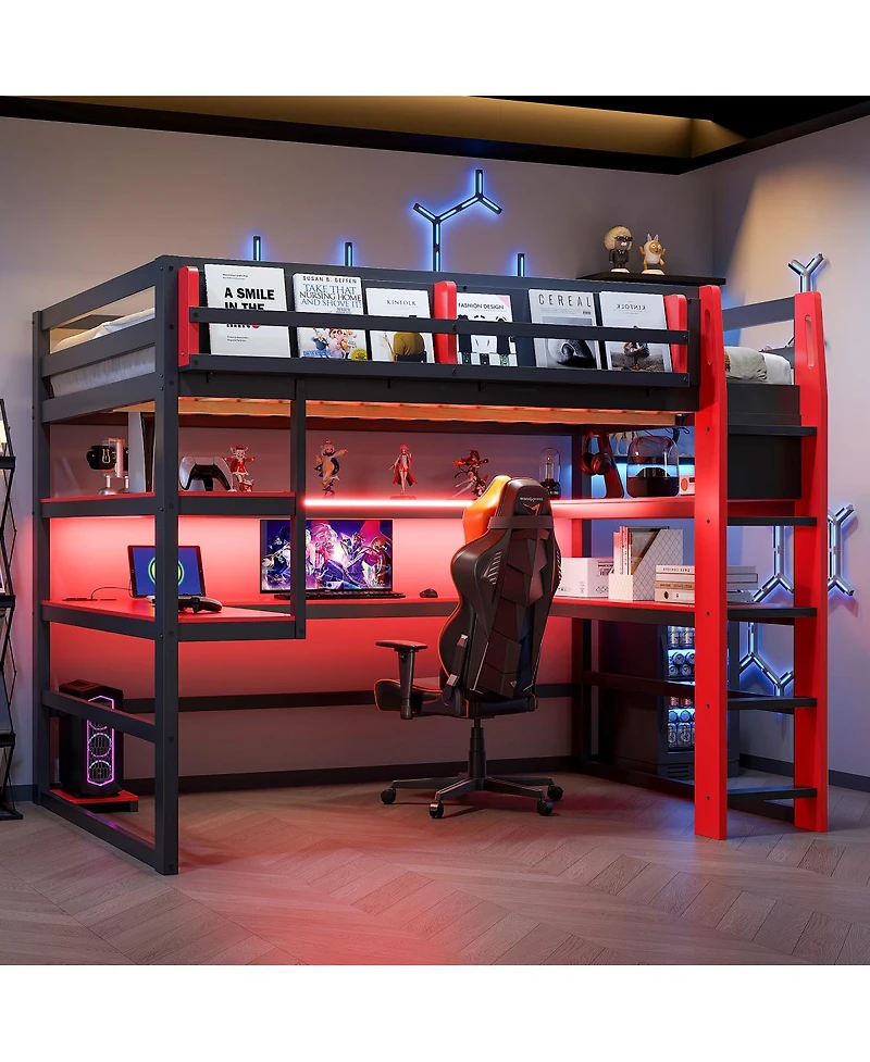Streamdale Furniture Wood Loft Bed With Desk, Storage, Rgb Light