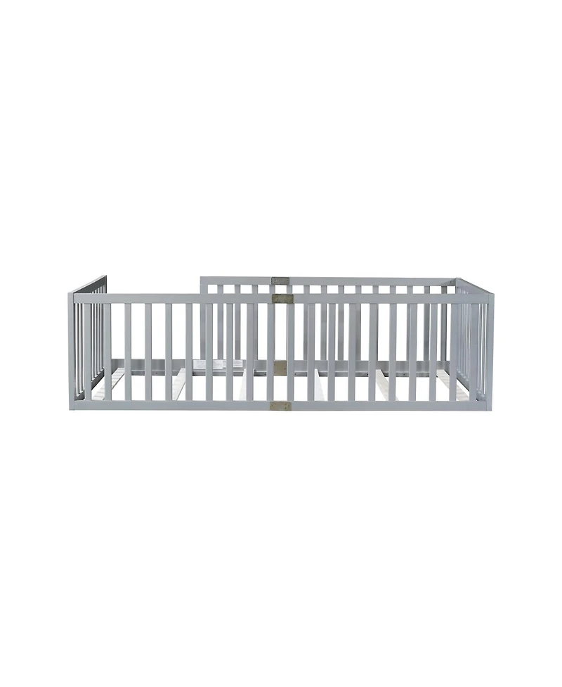 Streamdale Furniture Twin Size Floor Bed with High Fence Railings Rubber Wood