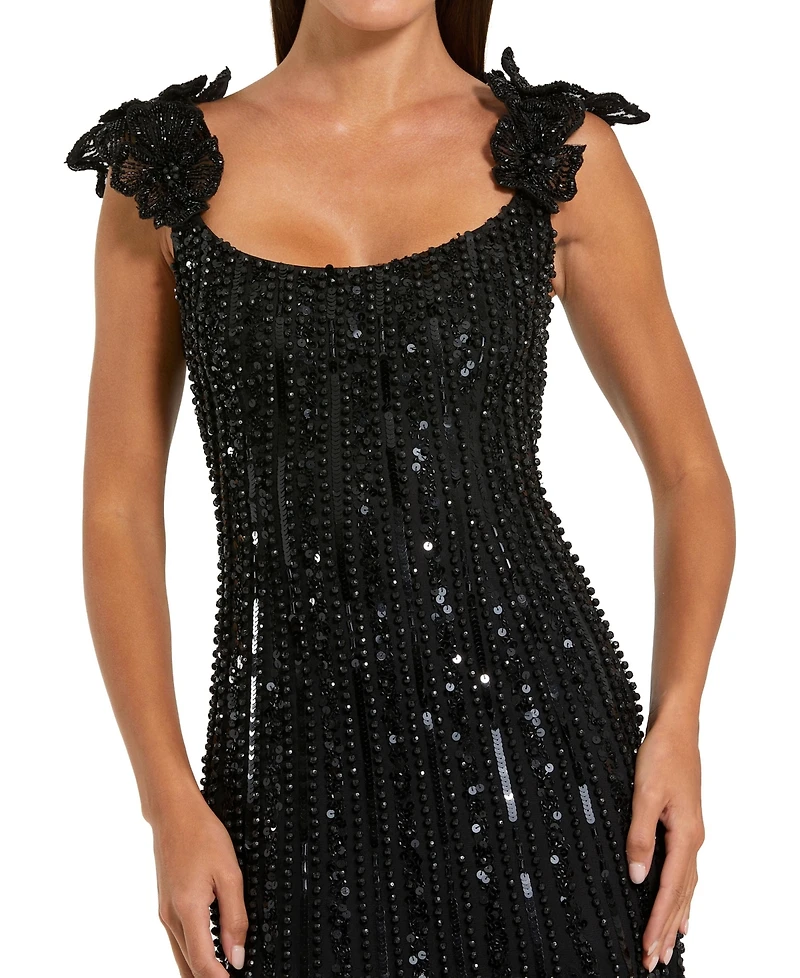 Mac Duggal Women's Floral Shoulder Sequin Mesh Evening Gown