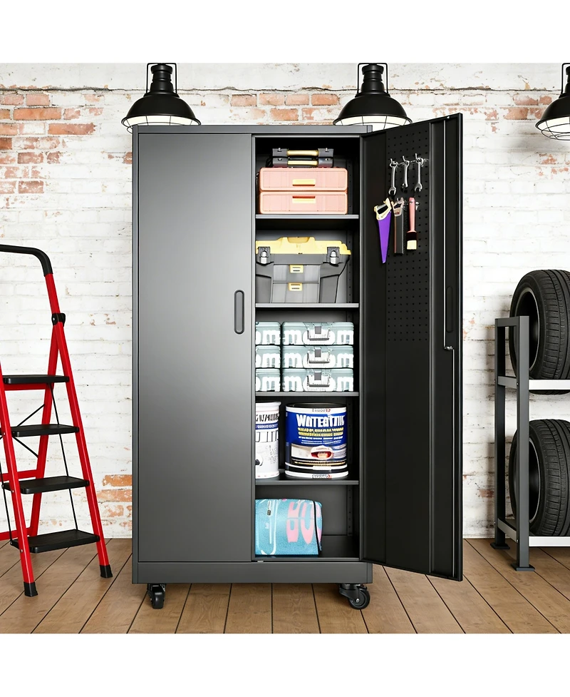 Boyel Living Garage Storage Cabinet Steel 4 Shelf Pegboard Doors Locking Wheels 900lb