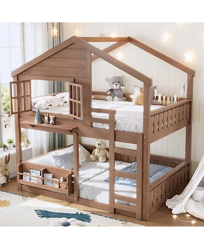 Streamdale Furniture House Bunk Bed with Bookshelf and Safety Rail
