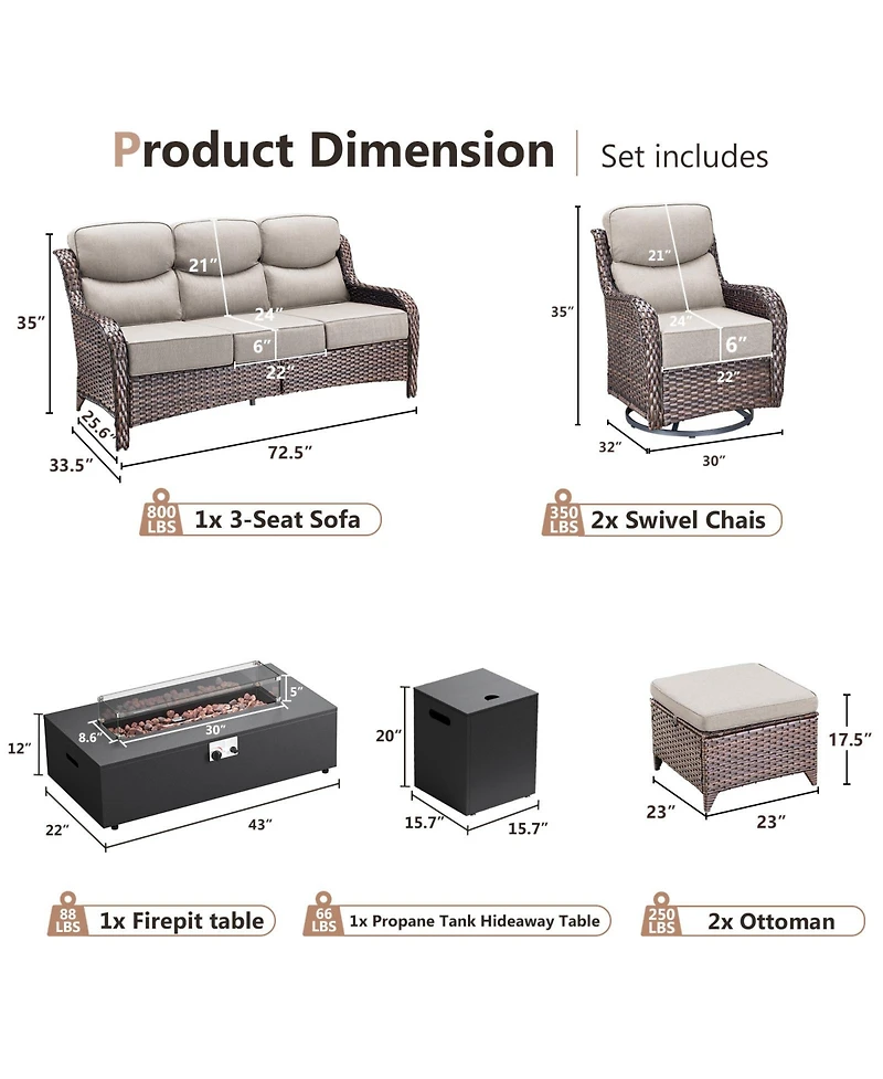 Pocassy Patio Furniture Set, Outdoor Sets with Fire Pit Table and Ottoman, All Weather Conversation Set for Porch, Yard