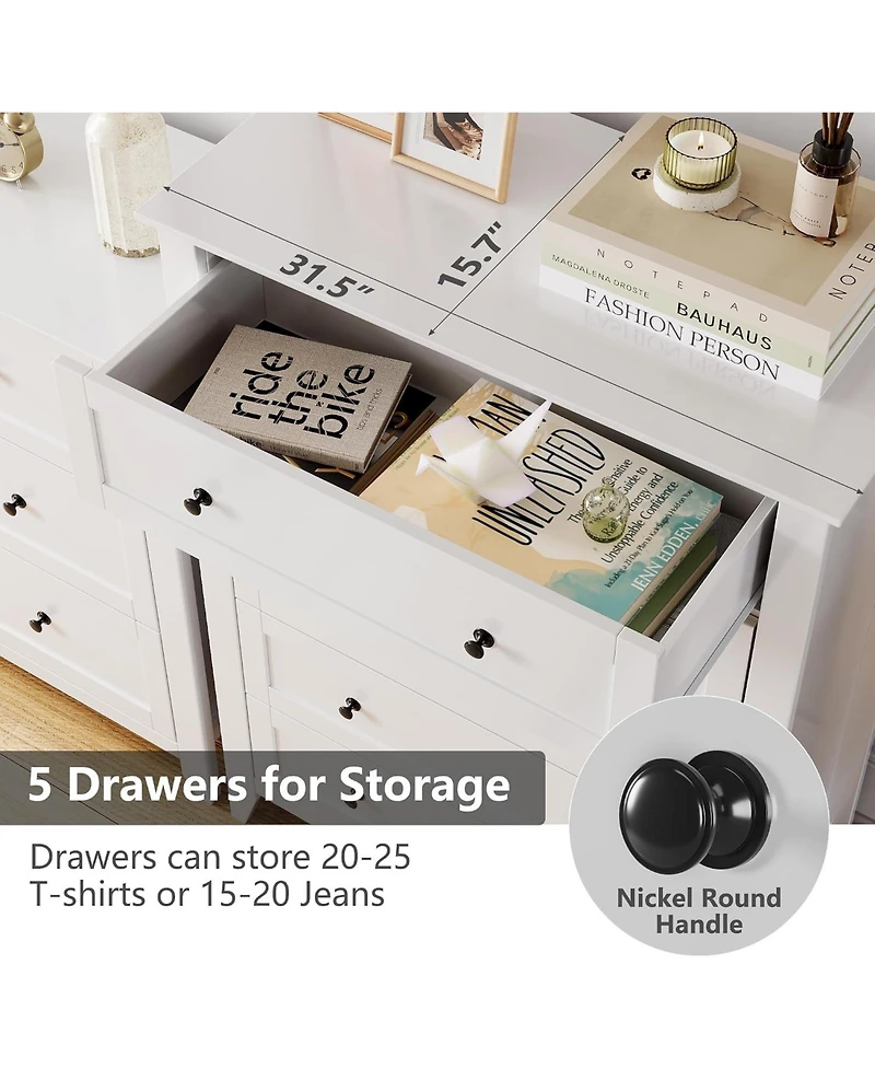 gaomon 5 Drawer Dresser, Modern White Tall Chest of Drawers for Bedroom, Storage Cabinet Organizer for Living Room, Home Office, Entryway