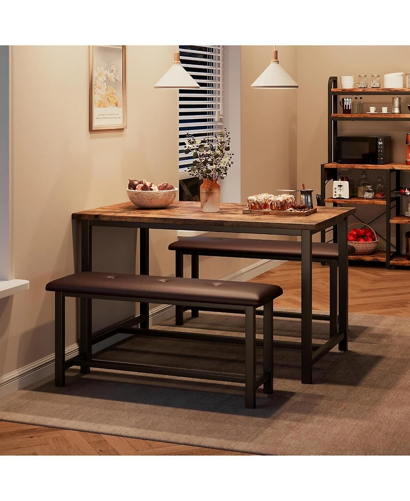 homfan 4-Person Dining Set with 2 Benches – Rectangular Table for Small Apartments, Modern Dining Room Bench Set for 4