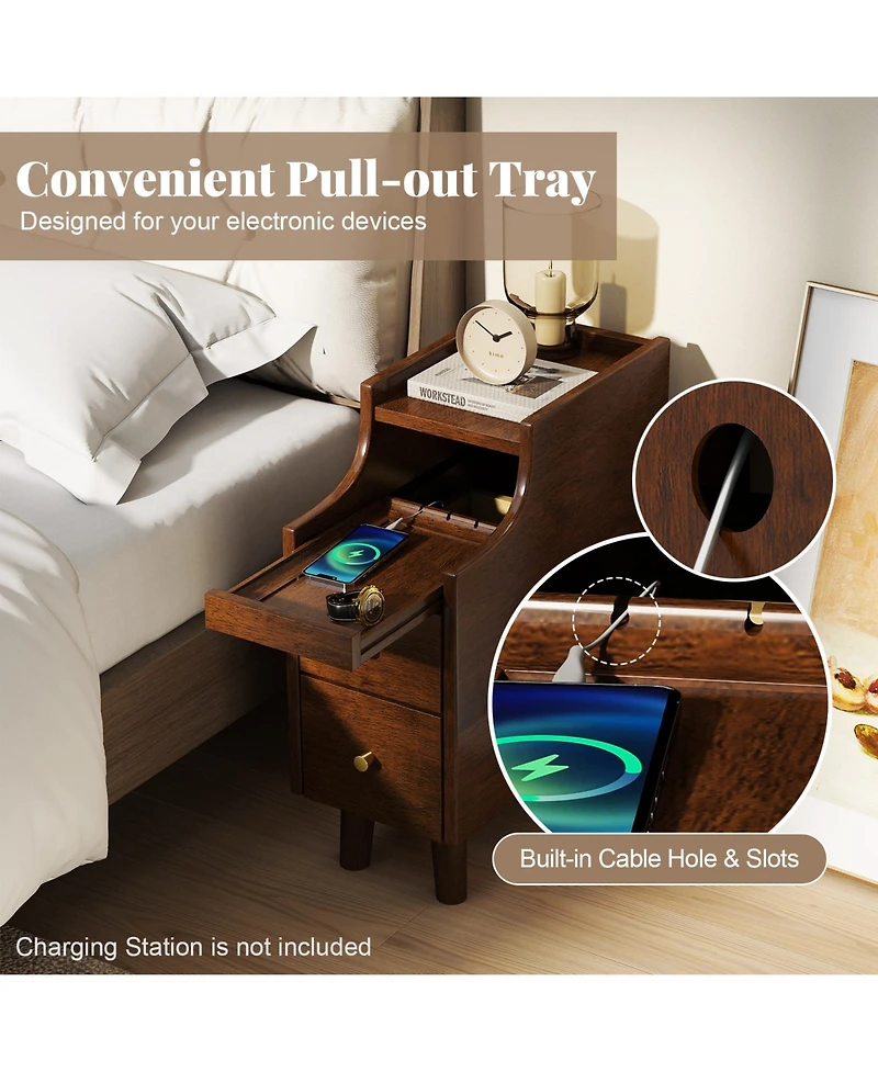 Gymax Solid Wood End Table w/ Pull-out Tray and 2 Storage Drawers Cable Management
