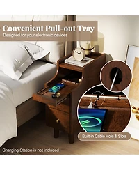 Gymax Solid Wood End Table w/ Pull-out Tray and 2 Storage Drawers Cable Management