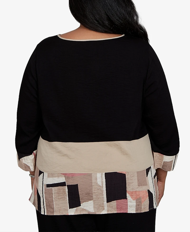 Alfred Dunner Plus Travel Advisory Spliced Patchwork Woven Top