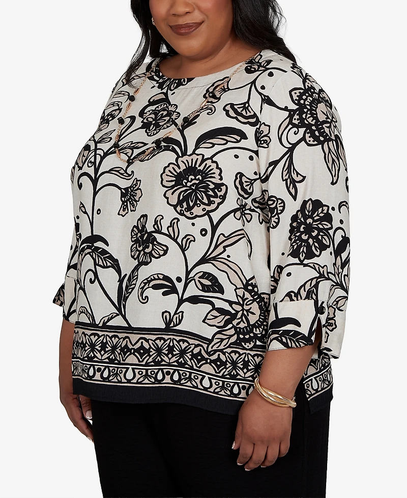 Alfred Dunner Plus Travel Advisory Scroll Border Top with Necklace
