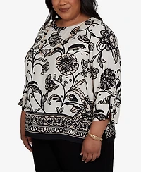 Alfred Dunner Plus Travel Advisory Scroll Border Top with Necklace