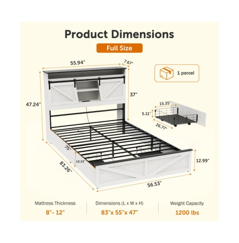 Lucky One Full Size Farmhouse Bed Frame with Storage Headboard, 2 Drawers, Usb Charging Station, Led Lights, Wooden Slats, No Box Spring Needed