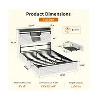 Lucky One Full Size Farmhouse Bed Frame with Storage Headboard, 2 Drawers, Usb Charging Station, Led Lights, Wooden Slats, No Box Spring Needed