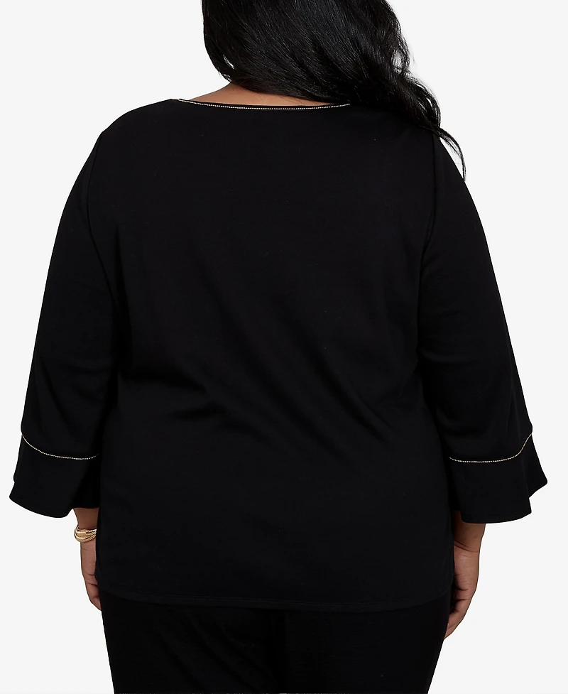 Alfred Dunner Plus Travel Advisory Scroll Leaf Embroidered Top