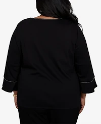 Alfred Dunner Plus Travel Advisory Scroll Leaf Embroidered Top