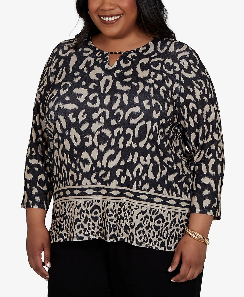 Alfred Dunner Plus Travel Advisory Animal Print Split Neck Knit Top