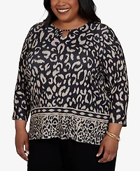 Alfred Dunner Plus Travel Advisory Animal Print Split Neck Knit Top