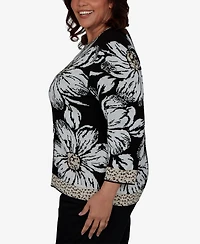 Alfred Dunner Plus Travel Advisory Dramatic Ink Floral Sweater
