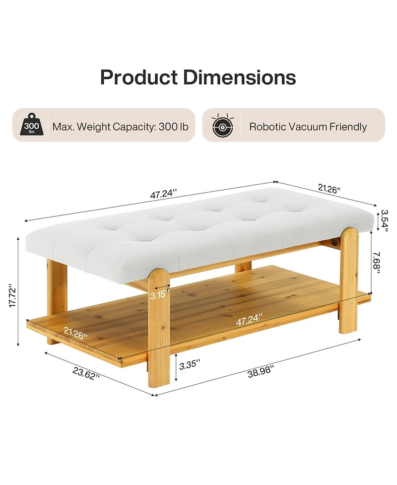 Tribesigns Ottoman Coffee Table with Solid Wood Frame, Rectangle Large Footrest Ottoman with Storage Shelf, Upholstered Center Table