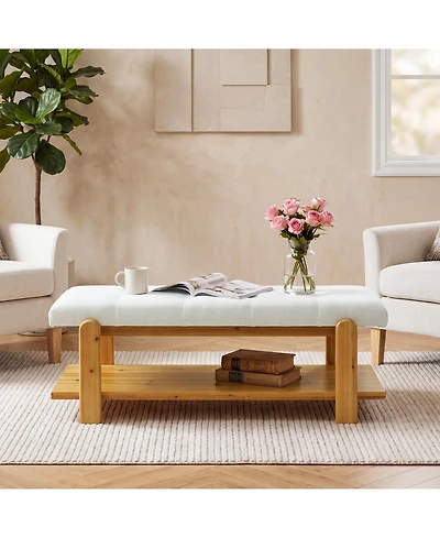 Tribesigns Ottoman Coffee Table with Solid Wood Frame, Rectangle Large Footrest Ottoman with Storage Shelf, Upholstered Center Table