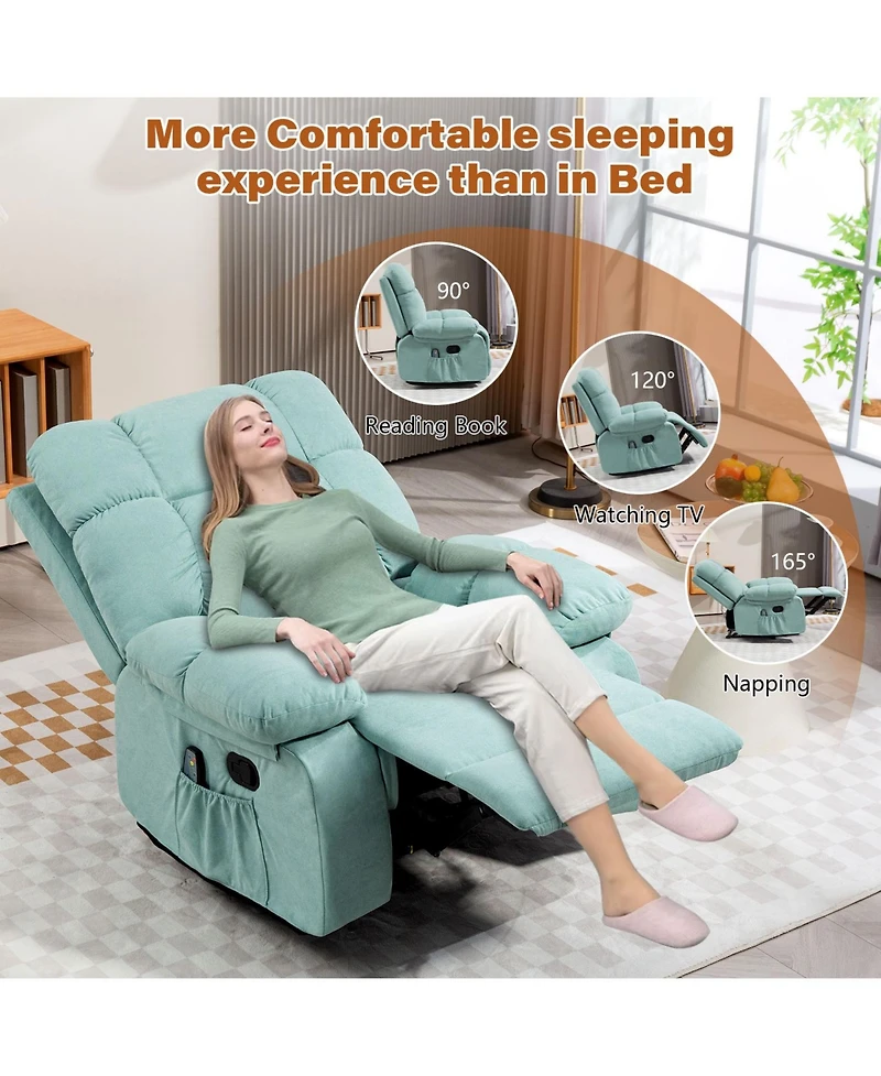 Dyhome Manual Recliner Chair with Heat and Massage, Upholstered Lounge Sofa Retractable Footrest, Side Storage Pockets