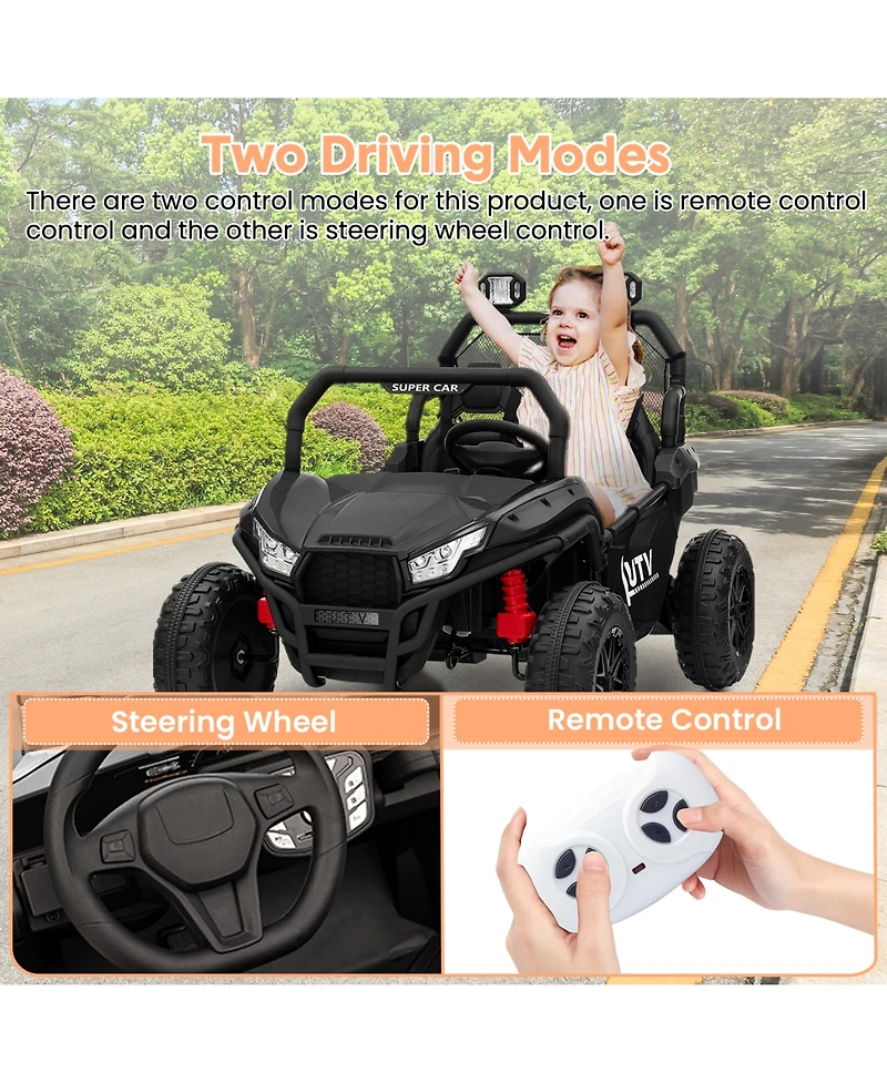 homfan 2-Seater Electric Ride-On Utv Car, Remote Control, Spring Suspension, Led Lights, Wireless, Spacious Seat, Treaded Tires, Metal Frame