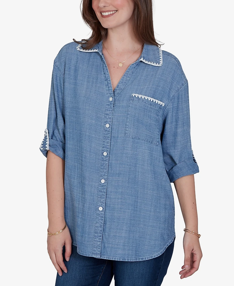 Ruby Rd. Petite Crochet Trim Soft Button-Front Top