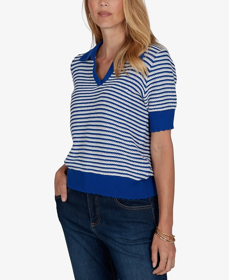 Ruby Rd. Petite Two-Tone Collared Elbow-Sleeve Sweater