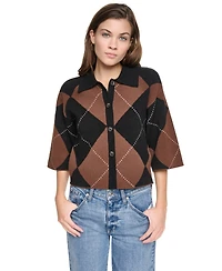Dkny Jeans Petite Argyle Button-Front Sweater