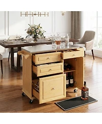 Streamdale Furniture Bamboo Rolling Kitchen Island with Stainless Steel Top and Storage
