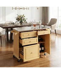 Streamdale Furniture Bamboo Rolling Kitchen Island with Stainless Steel Top and Storage