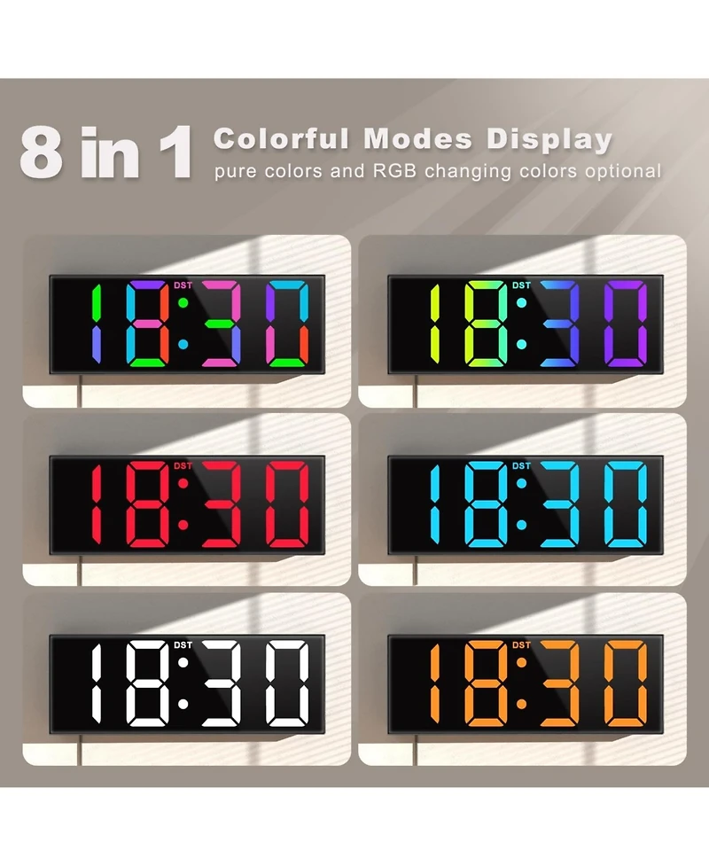 Jall 12 Inch Large Digital Wall Clock with Rgb Colors Auto Dst Night Light Perfect for Bedroom Classroom Gift Elderly